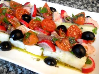 Puerros rellenos en ensalada con vinagreta a las hierbas