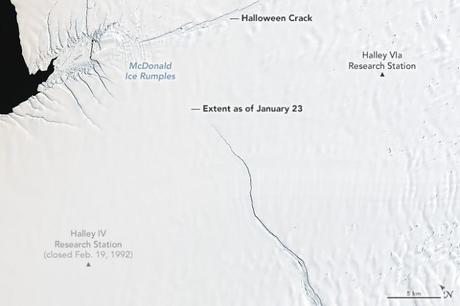 Las grietas que crecen en la plataforma de hielo Brunt de la Antártida están preparadas para liberar un iceberg con un área de aproximadamente el doble de tamaño que la ciudad de Nueva York
