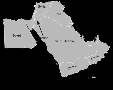 Mapa de Egipto, Siria, Iraq y la península arábiga formada por Arabia Saudita, Emiratos Árabes Unidos, Qatar, Kwait, Oman y Yemen.