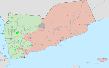 Mapa de la República de Yemen con la división entre la República Árabe y la República Democrática hasta su reunificación en 1990.