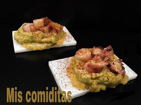 TOSTAS DE PATACÓN CON GUACAMOLE Y PULPO O FUSIÓN ENTRE CULTURAS