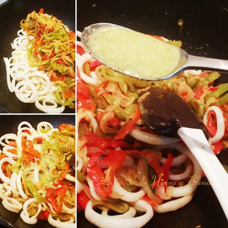 Calamares en wok  con pisto