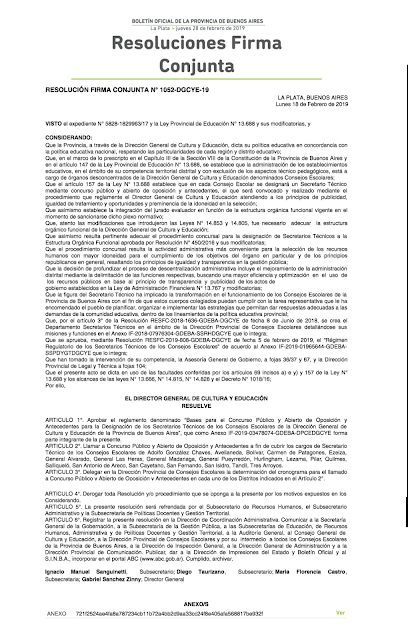 RESOLUCIÓN FIRMA CONJUNTA N° 1052-DGCYE-19.s/ Llamar a Concurso Público y Abierto de Oposición y Antecedentes a fin de cubrir los cargos de SecretarioTécnico de los Consejos Escolares de Adolfo González Chaves, Avellaneda, Bolívar, Carmen de Patagones,...
