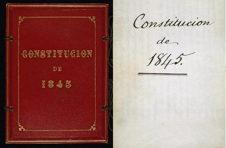 Constitución de 1845. original manuscrito. 31 cm. Carpeta de piel. primera y última páginas.