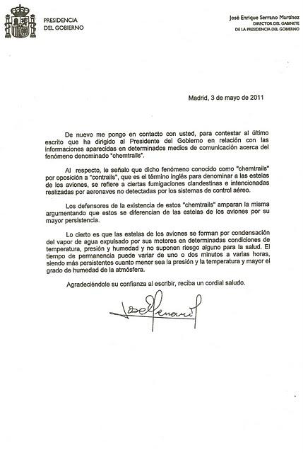 CARTA  a PRESIDENCIA DEL GOBIERNO