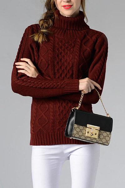 High Neck Knit Plain Sweaters