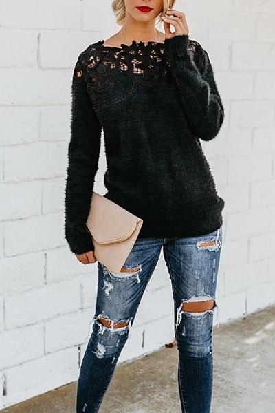 Off Shoulder  Decorative Lace  Plain Sweaters