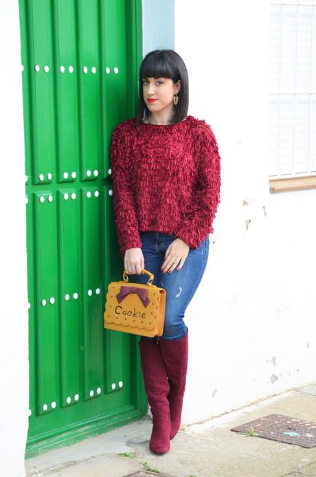 Jersey burdeos de flecos Jersey burdeos de flecos