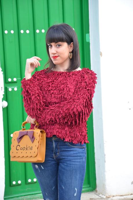 Jersey burdeos de flecos Jersey burdeos de flecos