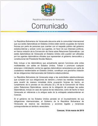 Denuncia Venezuela ocupación ilegal a sus sedes diplomáticas en EEUU
