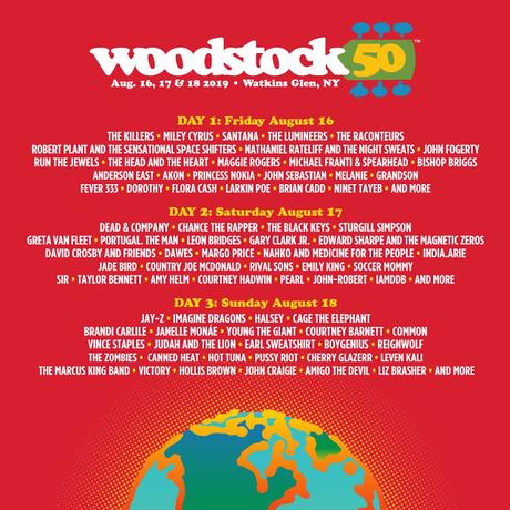 Cartel completo (extenso y variado) del 50 aniversario de Woodstock