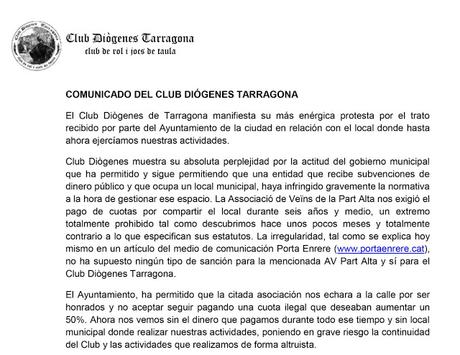 Injusticia cometida contra el Club Diógenes de Tarragona