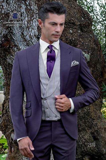 Traje de novio moderno morado tejido fresco lana