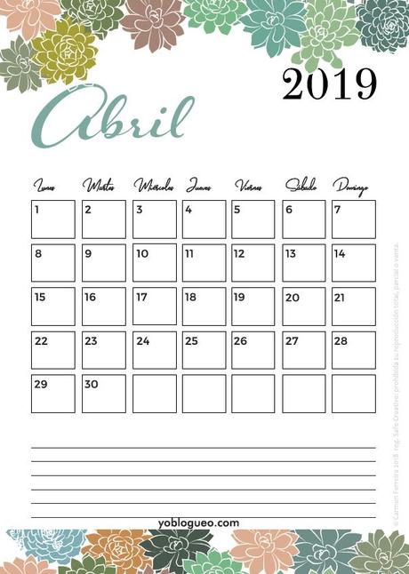 Calendario abril para imprimir descargable