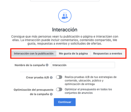 Objetivos de campañas en Facebook