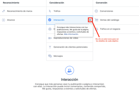 Objetivos - publicidad en Facebook