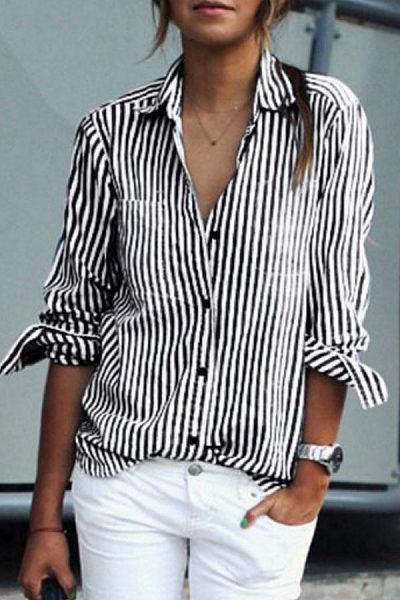 Turn Down Collar  Single Breasted  Striped Shirts