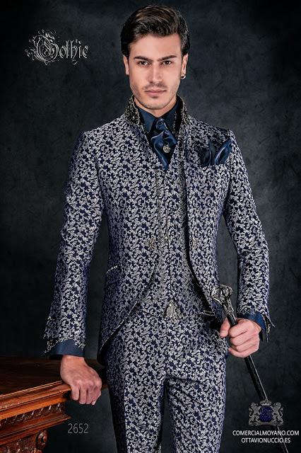 Traje de novio de época gótico brocado azul y plata cuello mao cristal