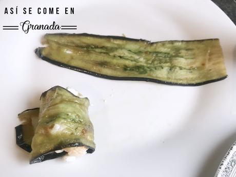 Canelones de berenjena rellenos de ricotta y gambas Canelones de berenjena rellenos de ricotta y gambas