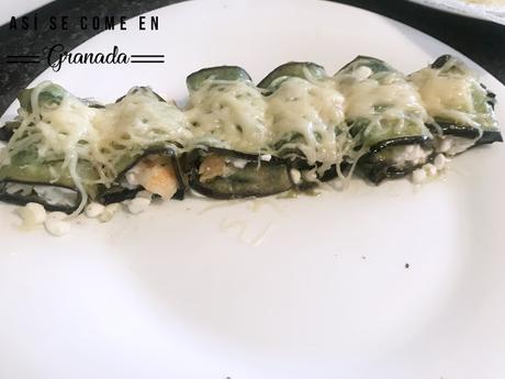 Canelones de berenjena rellenos de ricotta y gambas Canelones de berenjena rellenos de ricotta y gambas