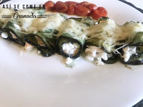 Canelones de berenjena rellenos de ricotta y gambas Canelones de berenjena rellenos de ricotta y gambas