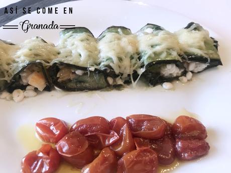 Canelones de berenjena rellenos de ricotta y gambas Canelones de berenjena rellenos de ricotta y gambas