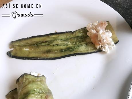 Canelones de berenjena rellenos de ricotta y gambas Canelones de berenjena rellenos de ricotta y gambas