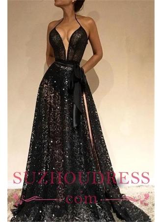 Sexy Black Lace Sleeveless Evening Dresses 2019 | Side Slit Halter Cheap Prom Dresses BC0229
