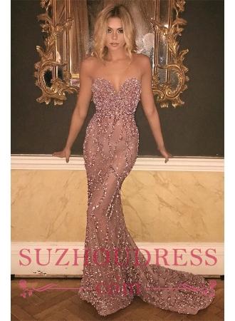 Sweetheart Sexy Pink Beads lentejuelas vestido de fiesta |  La sirena 2019 ve a travÃ©s del vestido de noche