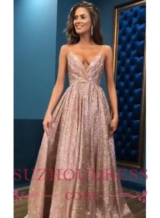 Sexy Sequins Simple Spaghetti Straps Evening Dresses | 2019 Cheap Open Back Sleeveless Prom Dress BC0494