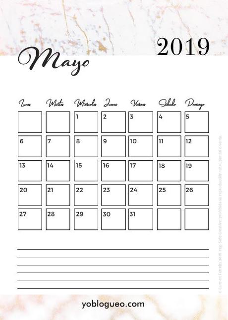 Calendario mayo gratis para  descargable para imprimir