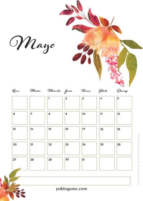 Calendario mayo gratis para  descargable para imprimir