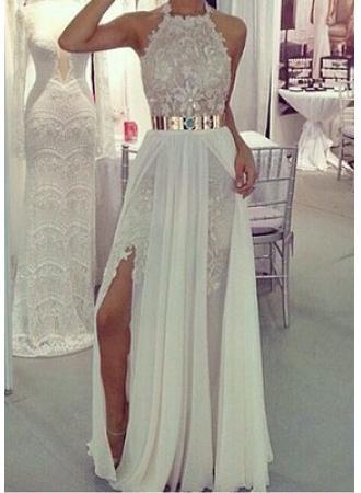 A-Line Halter Chiffon Long Prom Dress with Gold Belt Cheap Lace Floor Length Evening Gown CJ0205A