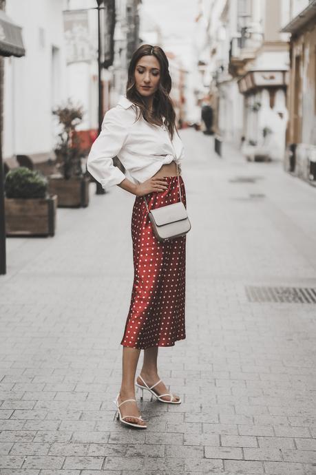 red polka dots midi skirt