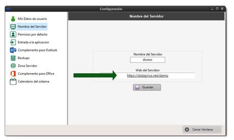 Ventana de configuración de la web Dataprius para archivos compartidos.