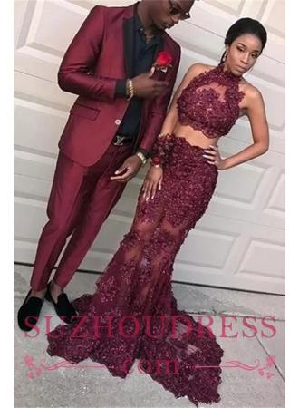 Burdeos dos piezas apliques de tul vestidos de baile 2019 sirena vestidos de noche sin mangas BA8109