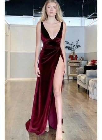 Sexy correas borgoÃ±a sirena vestidos de noche |  Vestidos de fiesta baratos de terciopelo con abertura lateral con cuello en V bc1591