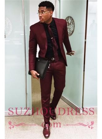 2019 Handsome Burgundy Mens Suits | Slim Fit Tuxedos Cheap One Button Formal Prom Suit (Blazer+Pants)