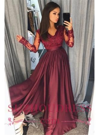 Vestido de fiesta de manga larga de encaje burdeos 2019 Barato con cuello en V Nueva llegada Vestido de noche formal con Split FB0205