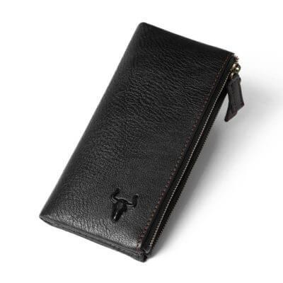 Foto de presentación de billetera larga clásica con doble cierre de cuero natural en color negro