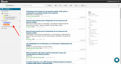 Investigaciones organizadas en carpetas y etiquetas dentro de Paperpile.