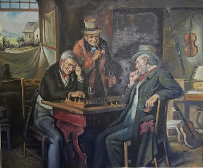 Algo parecido a esta pintura debía ser como se jugaba al ajedrez hace 100 años Jugando al ajedrez hace 100 años