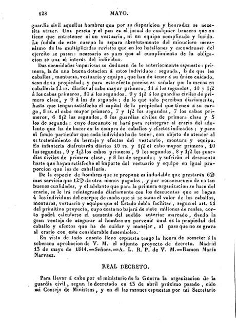 175 años de la creación de la Guardia Civil por SMC Isabel II: Real Decreto 28 de marzo de 1844 (normativa  original)