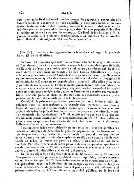 175 años de la creación de la Guardia Civil por SMC Isabel II: Real Decreto 28 de marzo de 1844 (normativa  original)