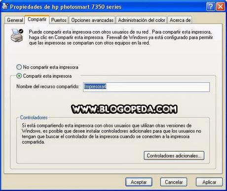 Marcamos la opción de compartir impresora impresora en red