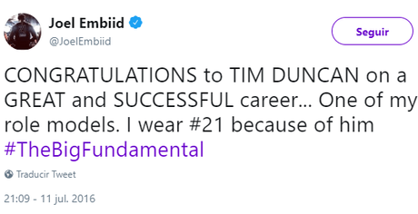 El pequeño homenaje de Joel Embiid a Tim Duncan