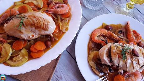 Pechugas de pollo con almendras y langostinos Pechugas de pollo con almendras y langostinos