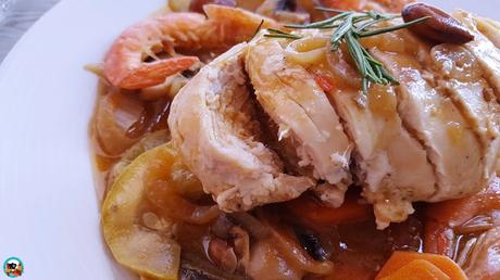 Pechugas de pollo con almendras y langostinos Pechugas de pollo con almendras y langostinos