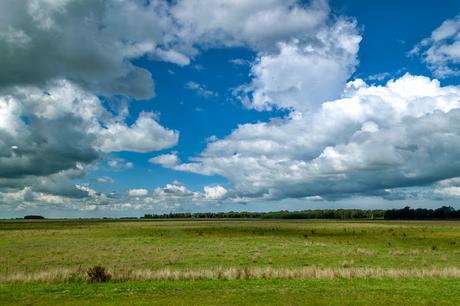 El cielo con nubes sobre un verde campo.