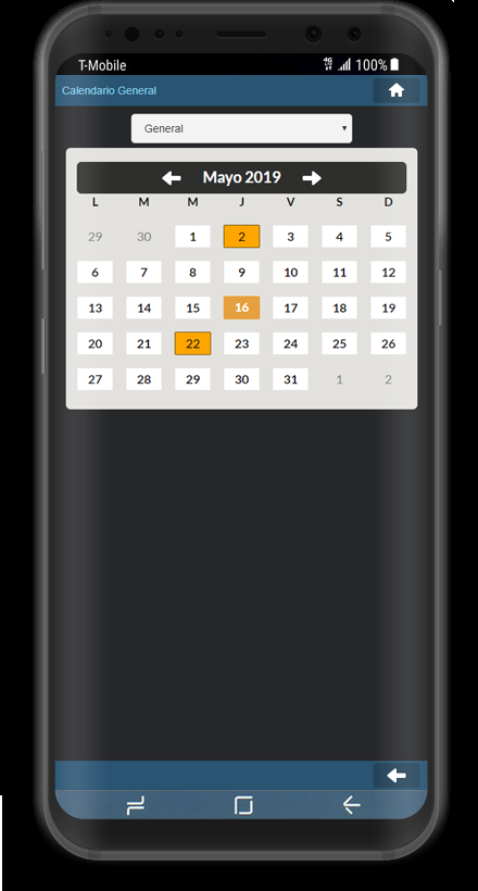 Captura aplicación Android mostrando calendario.
